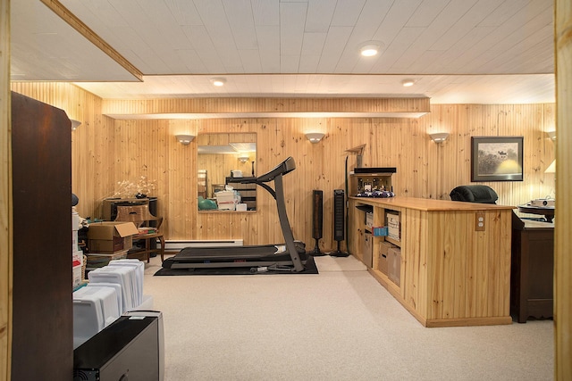 78 Capercaillie Ln, Battle Creek, MI 49014 - exercise area featuring carpet flooring, wood walls, recessed lighting, and baseboard heating