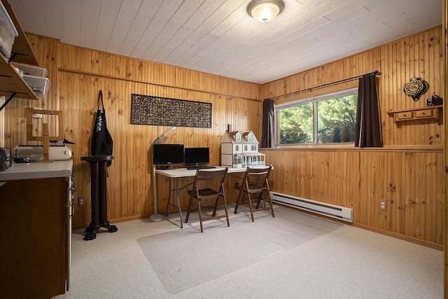 78 Capercaillie Ln, Battle Creek, MI 49014 - carpeted office with a baseboard heating unit, wood walls, and wood ceiling