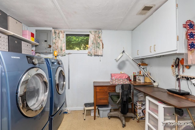 10667 220th Ave, Big Rapids, MI 49307 - laundry area featuring electric panel, light floors, cabinet space, and washer and clothes dryer