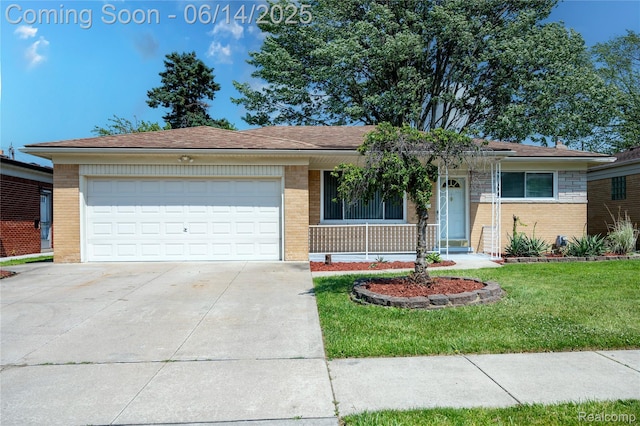 30320 Moulin Ave, Warren, MI 48088 - single story home with brick siding, a porch, an attached garage, and driveway