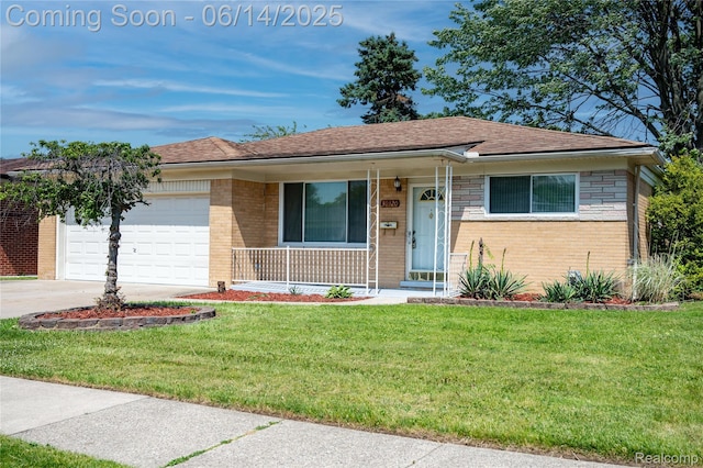 30320 Moulin Ave, Warren, MI 48088 - single story home featuring brick siding, covered porch, an attached garage, and a front lawn