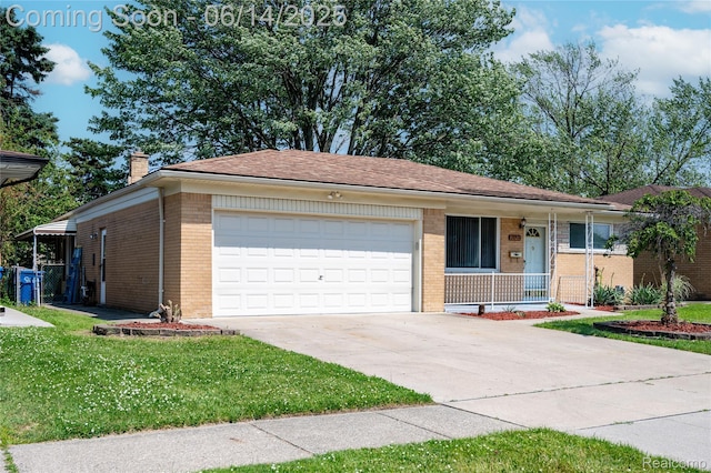 30320 Moulin Ave, Warren, MI 48088 - ranch-style home with an attached garage, driveway, covered porch, a front lawn, and brick siding