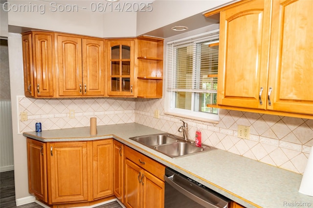 30320 Moulin Ave, Warren, MI 48088 - kitchen with dishwasher, backsplash, glass insert cabinets, light countertops, and open shelves