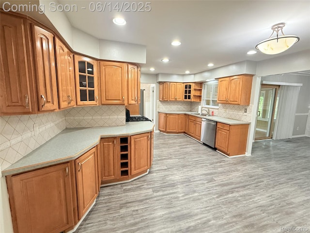 30320 Moulin Ave, Warren, MI 48088 - kitchen with dishwasher, open shelves, light wood finished floors, glass insert cabinets, and recessed lighting