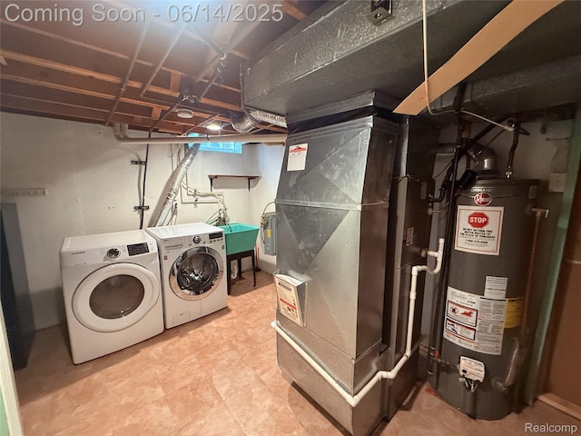 30320 Moulin Ave, Warren, MI 48088 - washroom with gas water heater, heating unit, and washer and clothes dryer