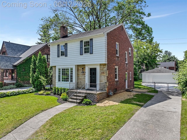 249 Ridgemont Rd, Grosse Pointe, MI 48236 - colonial inspired home featuring a chimney, an outdoor structure, a front lawn, stone siding, and a garage