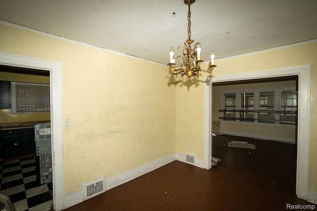 2476 Ford St, Detroit, MI 48238 - unfurnished dining area featuring a chandelier, ornamental molding, and dark flooring