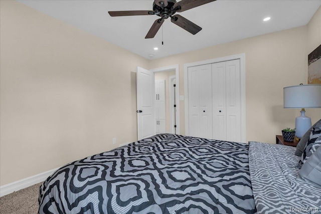 27853 Johnson Rd, Grosse Ile, MI 48138 - bedroom with carpet flooring, recessed lighting, a closet, and ceiling fan
