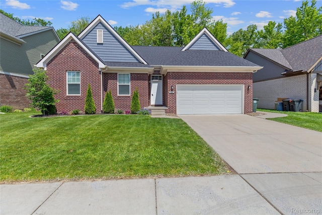 47467 Bayside Cir W, Chesterfield, MI 48047 - view of front of property with a garage, a front lawn, brick siding, and driveway