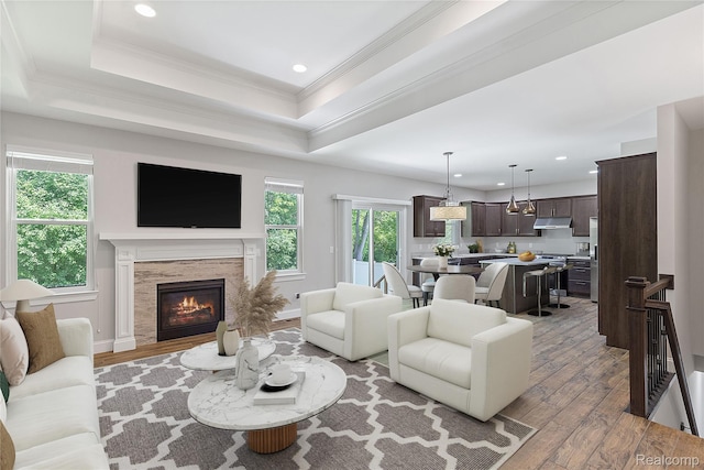 47467 Bayside Cir W, Chesterfield, MI 48047 - living area with light wood-type flooring, a premium fireplace, recessed lighting, crown molding, and a tray ceiling