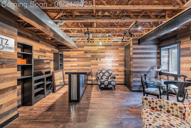 894 Canyon Creek Dr, Holly, MI 48442 - living area featuring wooden walls and dark wood-style flooring