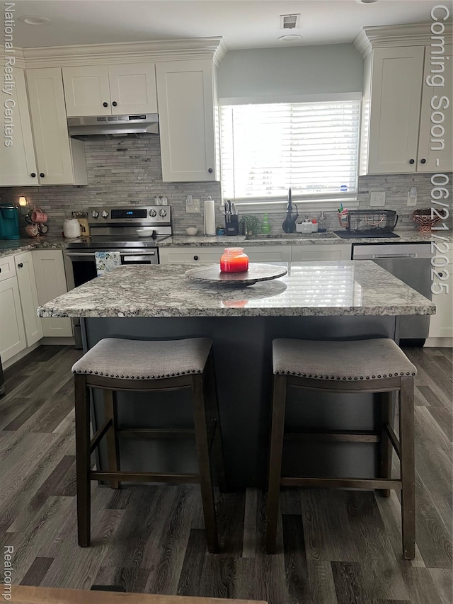 13203 Frazho Rd, Warren, MI 48089 - kitchen with stainless steel appliances, under cabinet range hood, a breakfast bar, backsplash, and white cabinetry