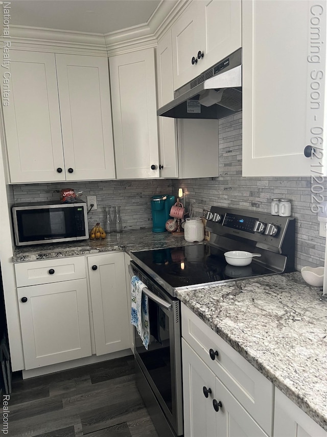 13203 Frazho Rd, Warren, MI 48089 - kitchen with appliances with stainless steel finishes, under cabinet range hood, dark wood finished floors, and tasteful backsplash