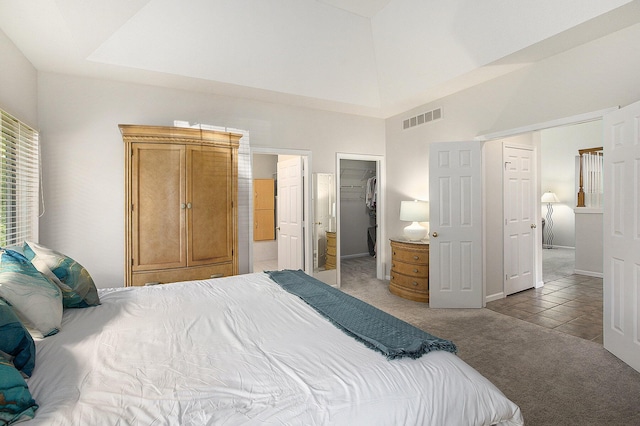 5448 Waterfield Ct, Ann Arbor, MI 48108 - bedroom with carpet, high vaulted ceiling, a spacious closet, and ensuite bathroom