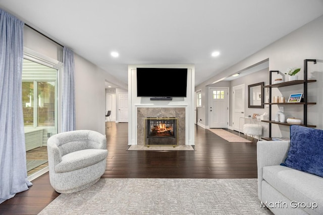 2243 Cambridge Dr SE, Grand Rapids, MI 49506 - living area featuring a fireplace, wood finished floors, and recessed lighting