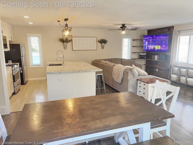 8811 Coyle Dr, Pinckney, MI 48169 - dining room featuring light wood-style floors, plenty of natural light, ceiling fan, and recessed lighting