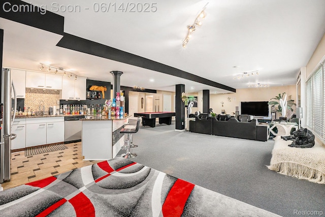 4322 Darlene Dr, Commerce Twp, MI 48382 - living area featuring rail lighting, a community bar, pool table, recessed lighting, and light colored carpet