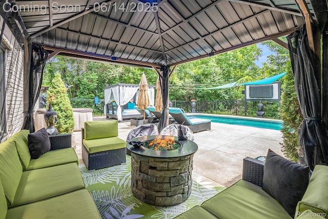 4322 Darlene Dr, Commerce Twp, MI 48382 - fenced backyard featuring an outdoor living space with a fire pit, a patio, and a gazebo
