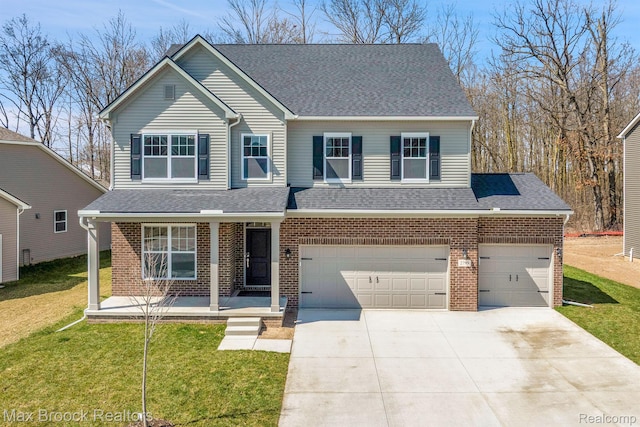 2799 Gallop Way, Saline, MI 48176 - view of front of property with brick siding, a porch, concrete driveway, a front yard, and a garage