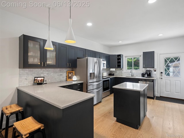 2147 Princeton Rd, Berkley, MI 48072 - kitchen featuring stainless steel appliances, a peninsula, glass insert cabinets, tasteful backsplash, and light countertops