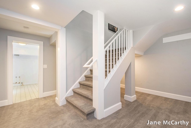 1101 Cadillac Dr SE, Grand Rapids, MI 49506 - stairs featuring carpet flooring and recessed lighting