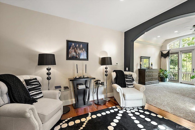 1330 Oxford Rd, Bloomfield Hills, MI 48304 - living area featuring wood finished floors, arched walkways, lofted ceiling, a ceiling fan, and recessed lighting