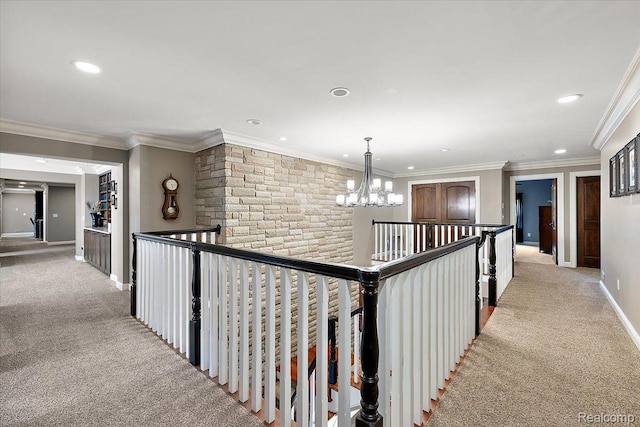 1330 Oxford Rd, Bloomfield Hills, MI 48304 - corridor featuring light colored carpet, a chandelier, recessed lighting, ornamental molding, and an upstairs landing