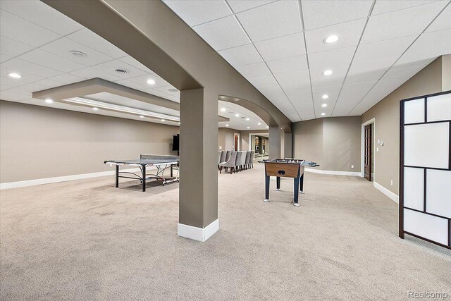 1330 Oxford Rd, Bloomfield Hills, MI 48304 - game room with carpet, recessed lighting, arched walkways, and a drop ceiling