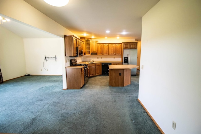 13123 N Jennings Rd, Clio, MI 48420 - kitchen with appliances with stainless steel finishes, a kitchen island, carpet flooring, light countertops, and brown cabinetry