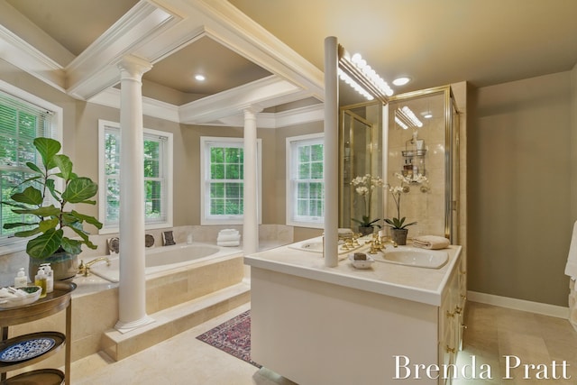 5691 Forest Gln SE, Ada, MI 49301 - full bath featuring decorative columns, a bath, vanity, ornamental molding, and tile patterned floors