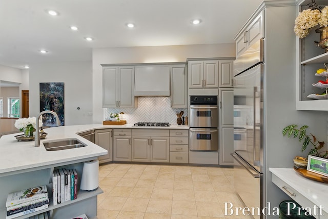 5691 Forest Gln SE, Ada, MI 49301 - kitchen featuring gray cabinetry, open shelves, appliances with stainless steel finishes, decorative backsplash, and recessed lighting