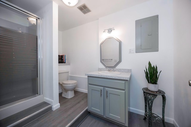 9128 Clover Dr, Milan, MI 48160 - bathroom with electric panel, a stall shower, vanity, and wood finished floors