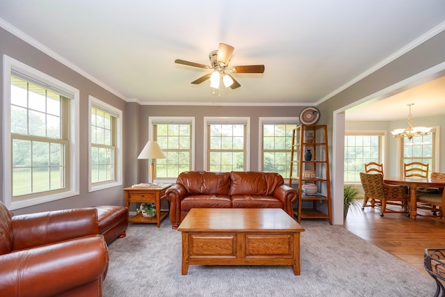 9128 Clover Dr, Milan, MI 48160 - living area featuring healthy amount of natural light, ceiling fan, a chandelier, crown molding, and light wood-style floors