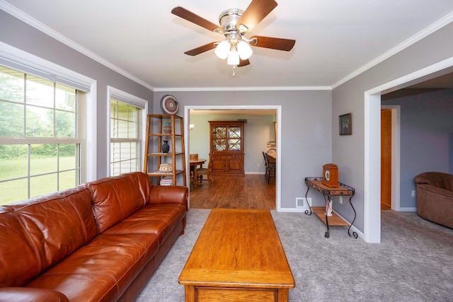 9128 Clover Dr, Milan, MI 48160 - living area featuring plenty of natural light, ornamental molding, a ceiling fan, and carpet floors