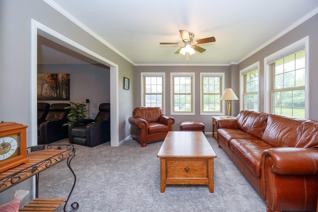 9128 Clover Dr, Milan, MI 48160 - living area featuring ceiling fan, ornamental molding, and light carpet