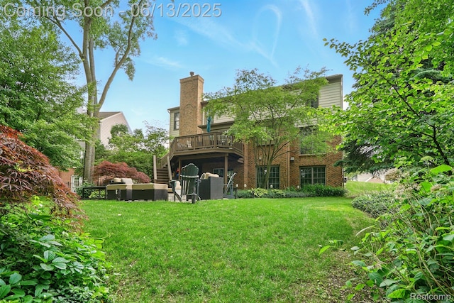 1377 Lake Shore Blvd, Lake Orion, MI 48362 - rear view of property with stairs, a lawn, a deck, brick siding, and a chimney
