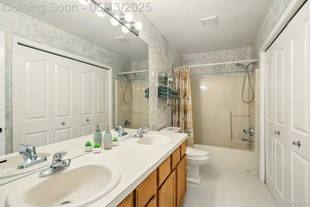 1377 Lake Shore Blvd, Lake Orion, MI 48362 - bathroom featuring tile patterned flooring, shower / bathtub combination with curtain, and double vanity