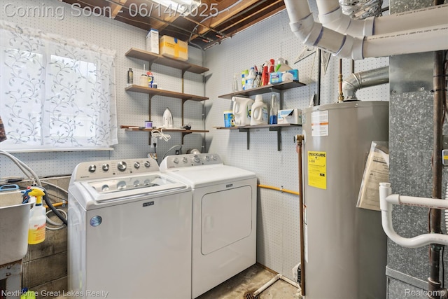 4098 Sam Snead Dr, Flint, MI 48506 - laundry room with water heater, washer and dryer, and wallpapered walls