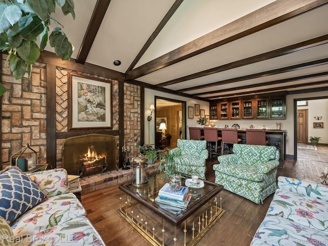 1299 Orchard Ridge Rd, Bloomfield Hills, MI 48304 - living room with bar with sink, beamed ceiling, a brick fireplace, and wood finished floors