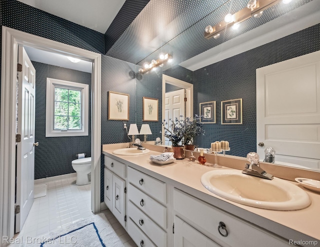 1299 Orchard Ridge Rd, Bloomfield Hills, MI 48304 - bathroom featuring double vanity, tile patterned floors, and wallpapered walls