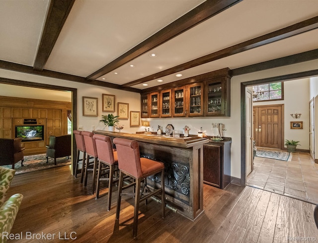 1299 Orchard Ridge Rd, Bloomfield Hills, MI 48304 - indoor bar featuring beam ceiling, dark wood-type flooring, and recessed lighting