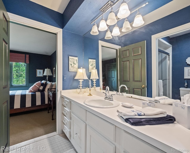 1299 Orchard Ridge Rd, Bloomfield Hills, MI 48304 - bathroom with connected bathroom, vanity, tile patterned floors, a chandelier, and a shower with door