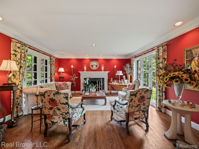 1299 Orchard Ridge Rd, Bloomfield Hills, MI 48304 - living room with ornamental molding, wood finished floors, a fireplace, recessed lighting, and french doors
