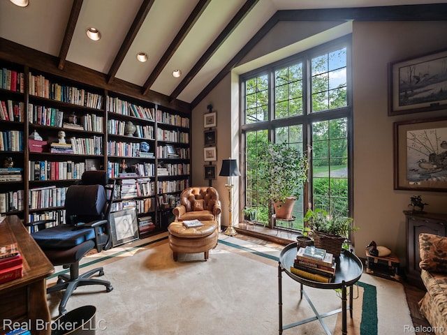 1299 Orchard Ridge Rd, Bloomfield Hills, MI 48304 - office space featuring bookshelves, beam ceiling, high vaulted ceiling, and recessed lighting