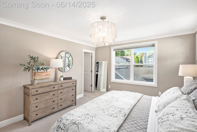 1060 Smith Ave, Birmingham, MI 48009 - bedroom featuring light colored carpet, ornamental molding, and a chandelier