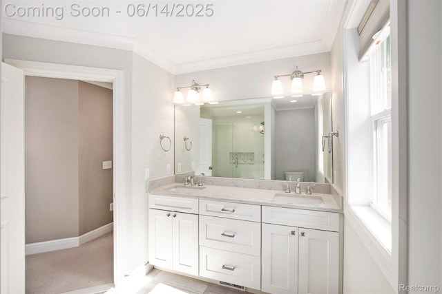 1060 Smith Ave, Birmingham, MI 48009 - full bathroom with a shower stall, double vanity, and ornamental molding