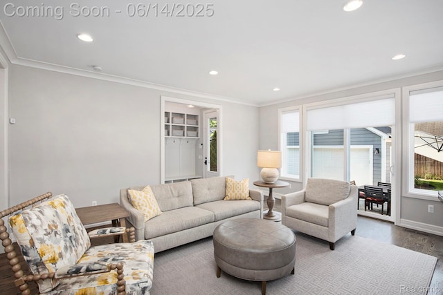 1060 Smith Ave, Birmingham, MI 48009 - living area with crown molding, dark wood-type flooring, and recessed lighting