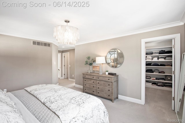 1060 Smith Ave, Birmingham, MI 48009 - bedroom with light carpet, a spacious closet, crown molding, a chandelier, and a closet