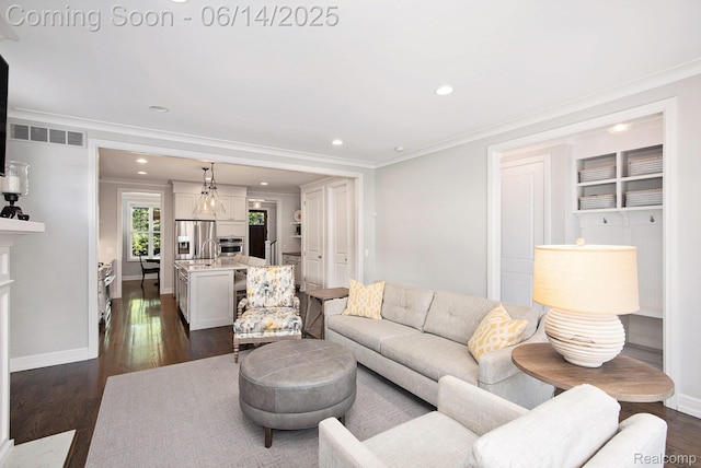 1060 Smith Ave, Birmingham, MI 48009 - living room with ornamental molding, dark wood-style flooring, and recessed lighting