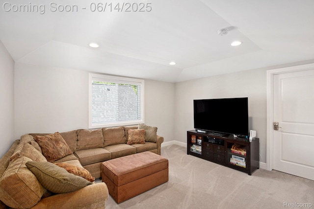 1060 Smith Ave, Birmingham, MI 48009 - living area with light carpet, lofted ceiling, and recessed lighting